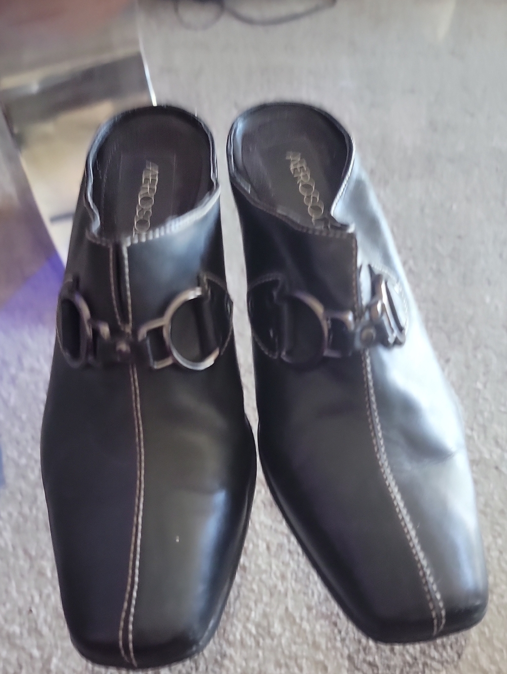 AEROSOLES Black Leather Slip-On Mule with Metal Bit